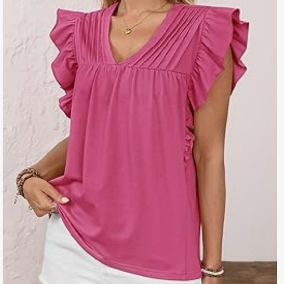 Pink Ruffled V-Neck Women's Top Size Small - Picture 3 of 5